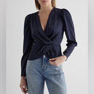 Express Women's Satin Top Size XS Navy Puff Shoulder Draped Faux Wrap NWT $58